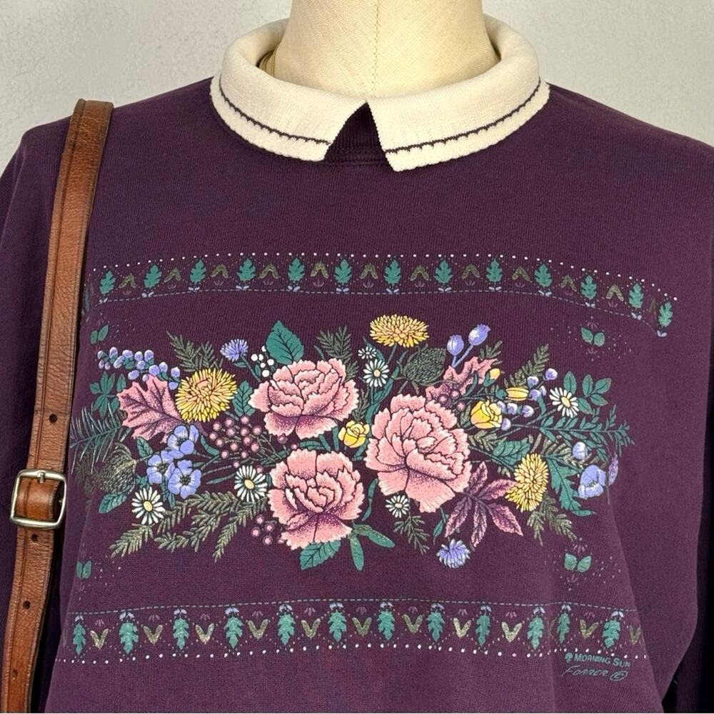 Vintage 90s Purple Flower Crewneck Sweatshirt Collar Cottagecore Granmacore - Picture 2 of 8
